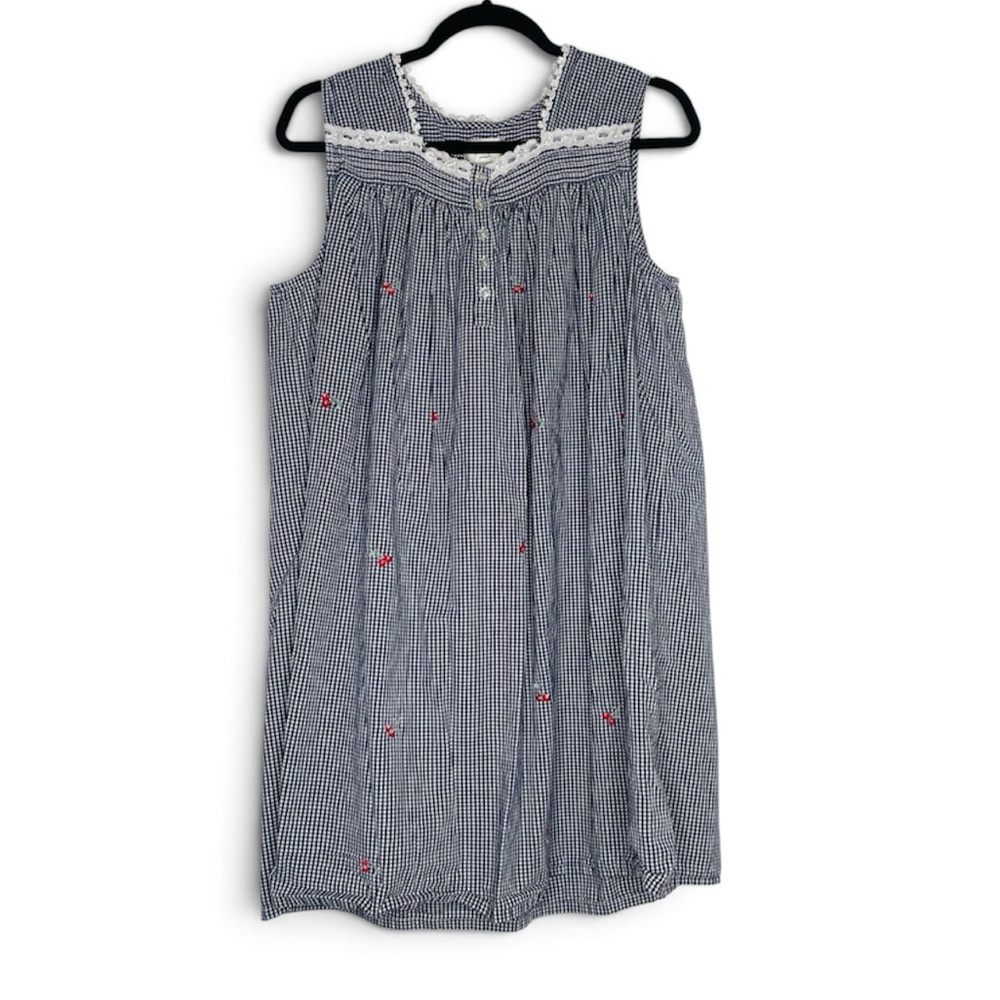 Amanda Stewart Vintags navy blue & white gingham embroidered cherry nightgown XL